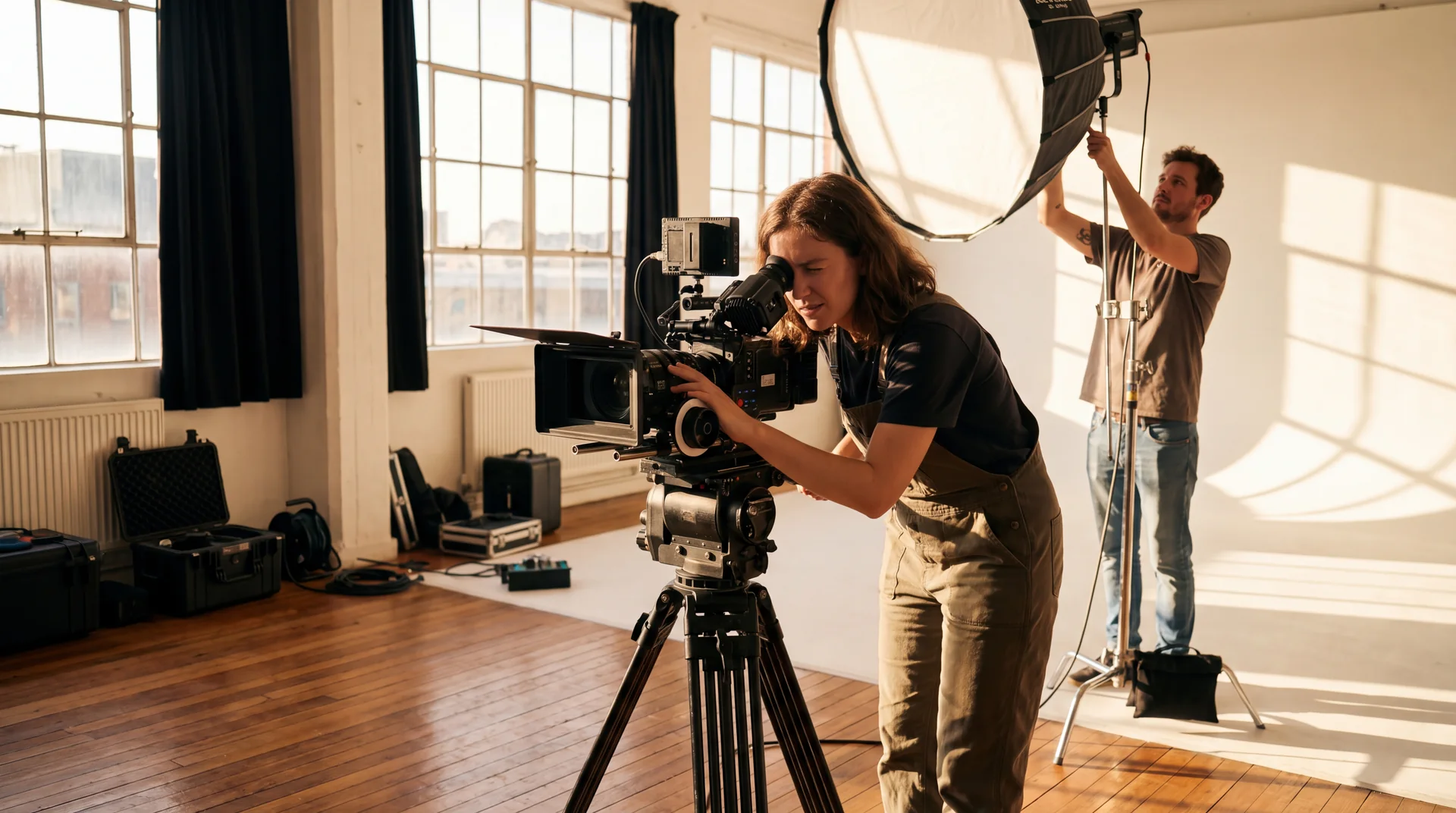 A camera operator filming on location