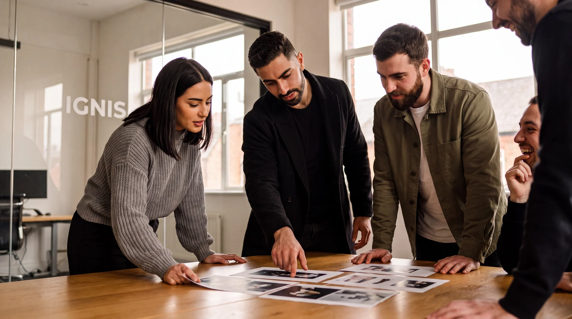 The team gathered around one table, everyone reading the same page of work