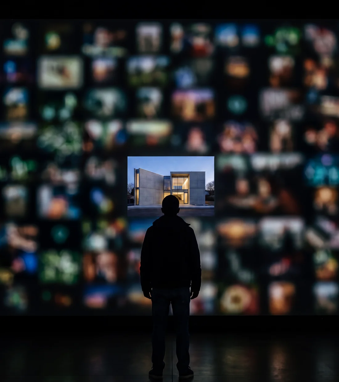One person in front of a wall of hundreds of images, and only one of them is in focus