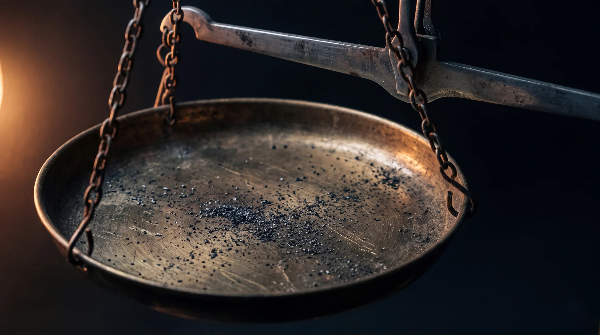 The brass pan of an antique balance scale holding a thin scatter of grain, too little to settle the beam.