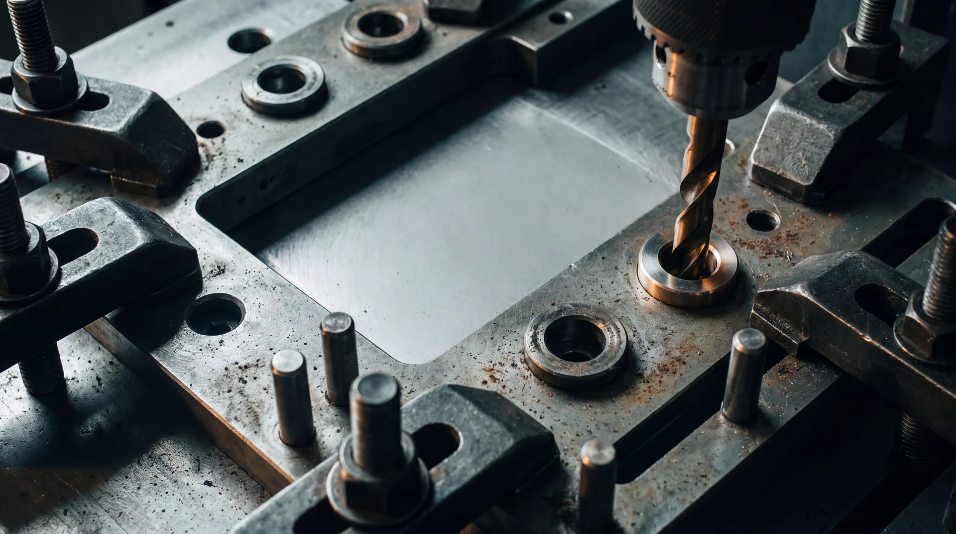 A steel drill jig clamped to a machined plate, hardened bushings aligned with a drill bit above.