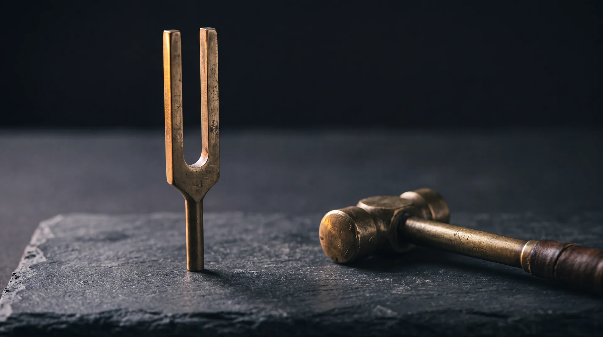 A brass tuning fork standing upright on dark slate with a small brass hammer lying beside it.