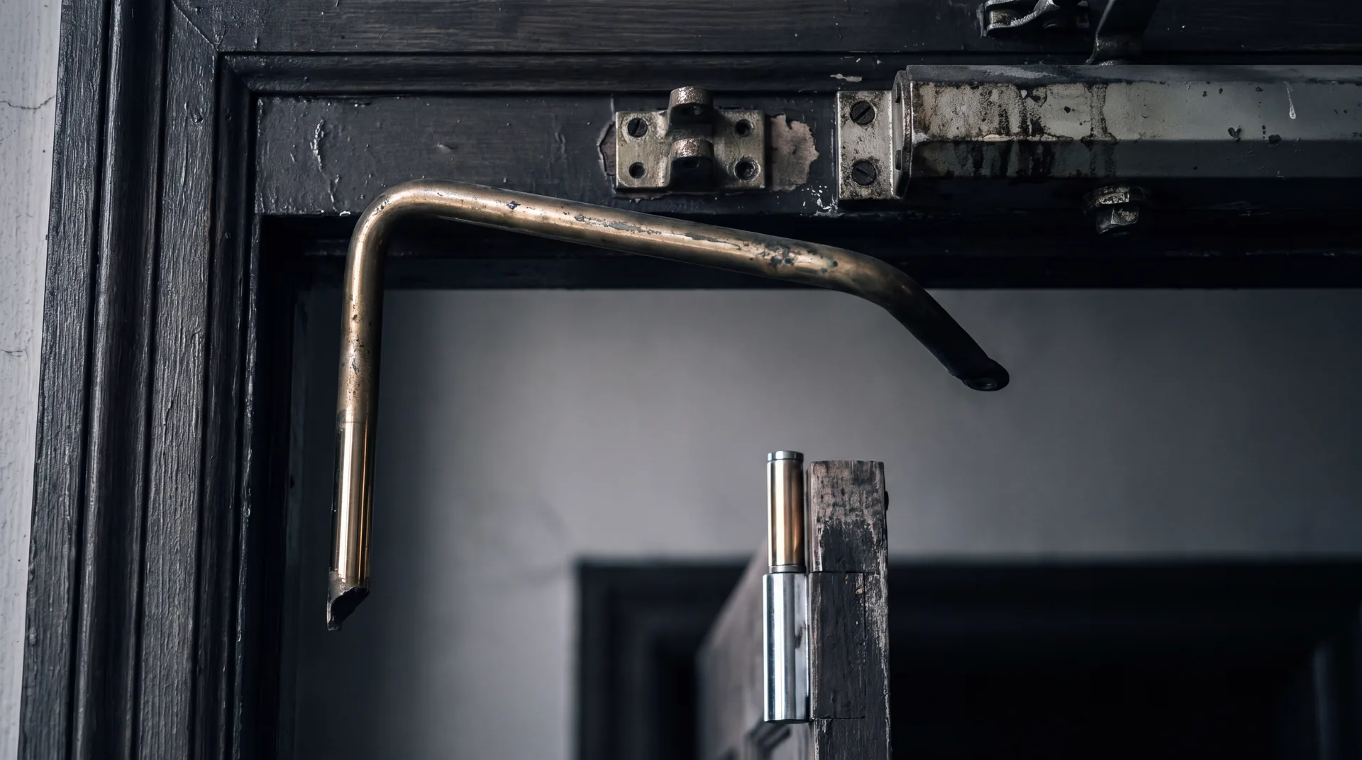 A brass door closer arm hanging disconnected from its bracket beside a heavy door and its polished hinge pins.