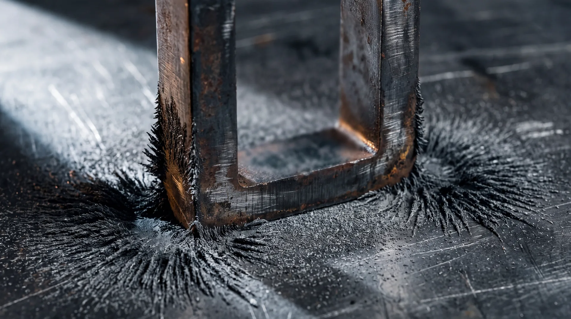 A block magnet in a bed of iron filings, the filings pulled into ridges along its poles.