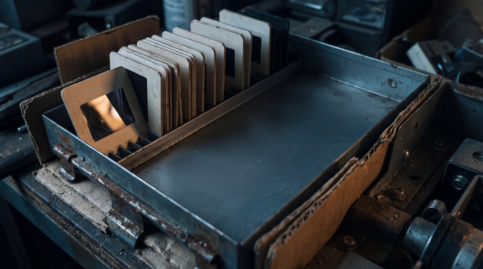 A row of ten mounted 35mm slides in a metal projector tray, the first one raised above the others.