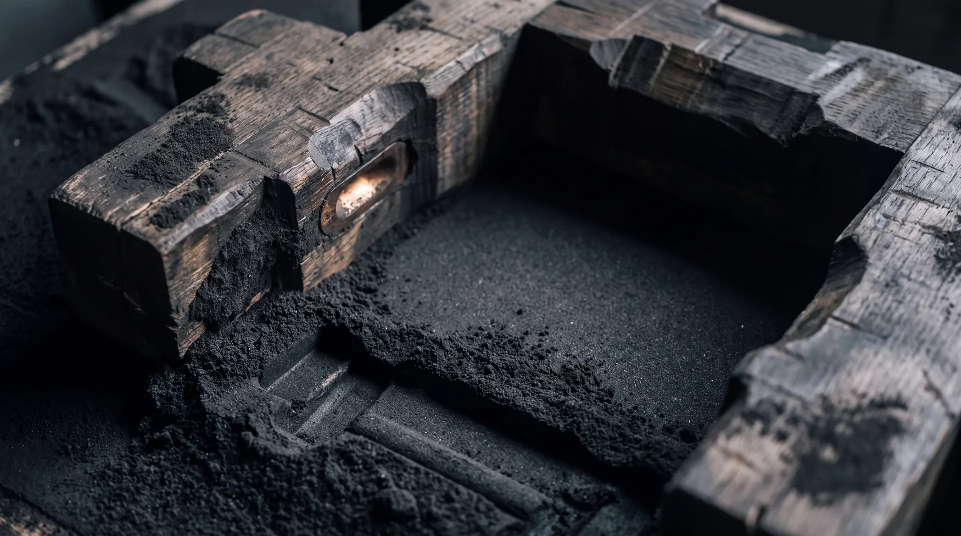 A carved wooden foundry pattern resting beside the crisp impression it left in black moulding sand.