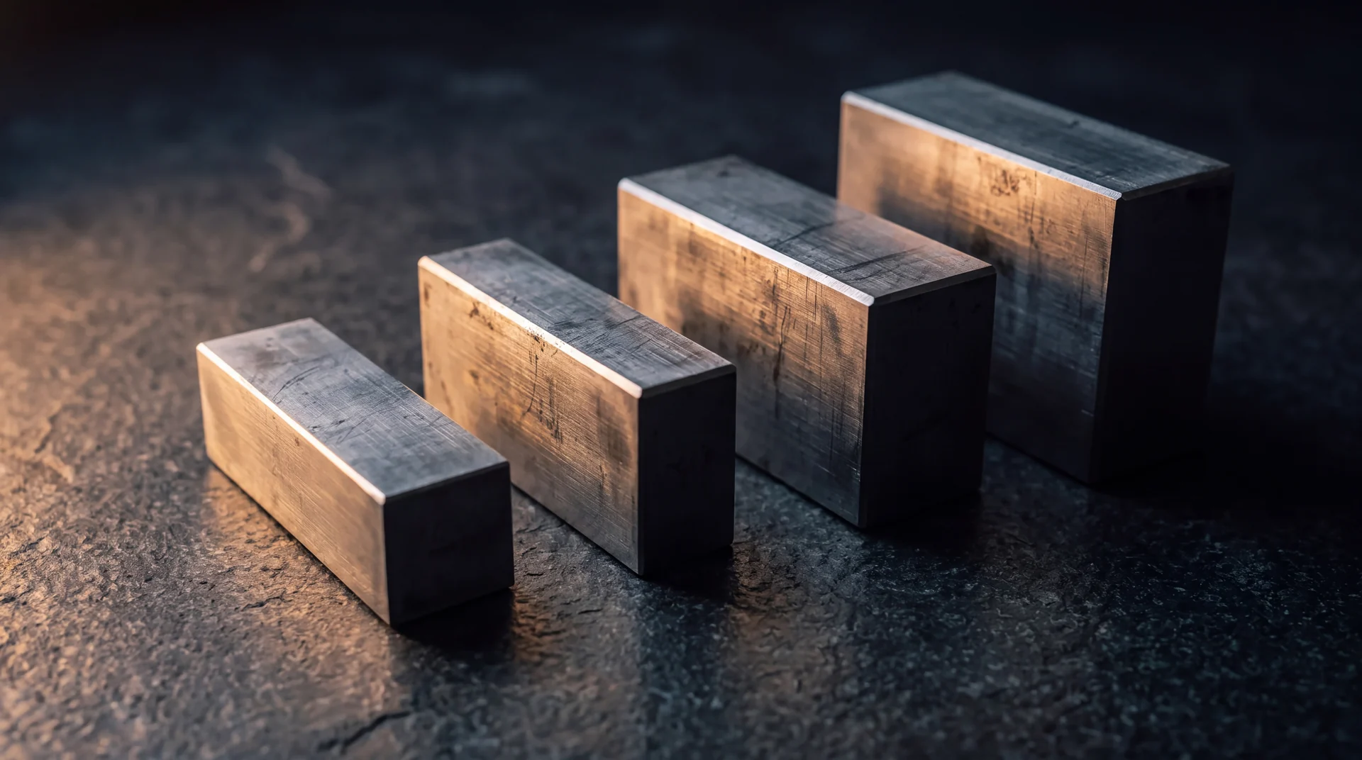 Four machined steel blocks standing in a row on dark slate, each one taller than the last.