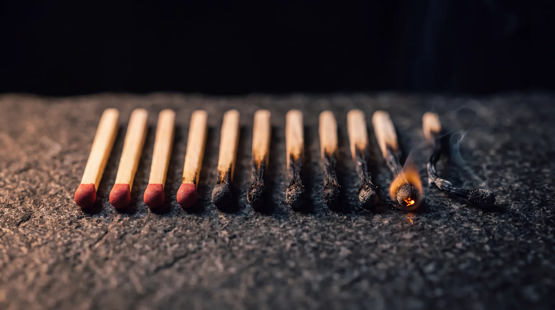 A row of matches on dark stone, each burnt further than the last, the second last still alight.