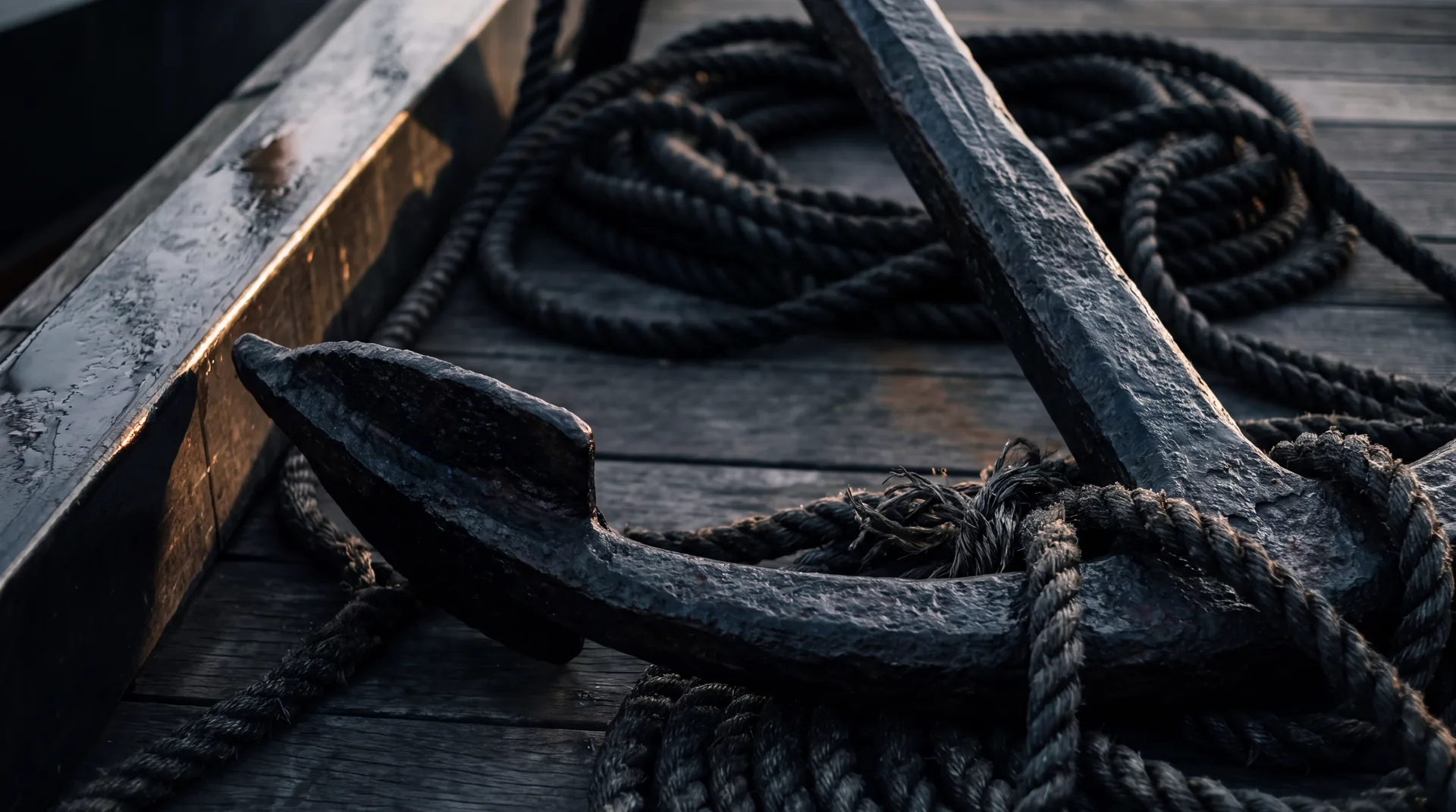 Blackened steel anchor lying on wet coiled rope on a dark dock deck, lit from one side.