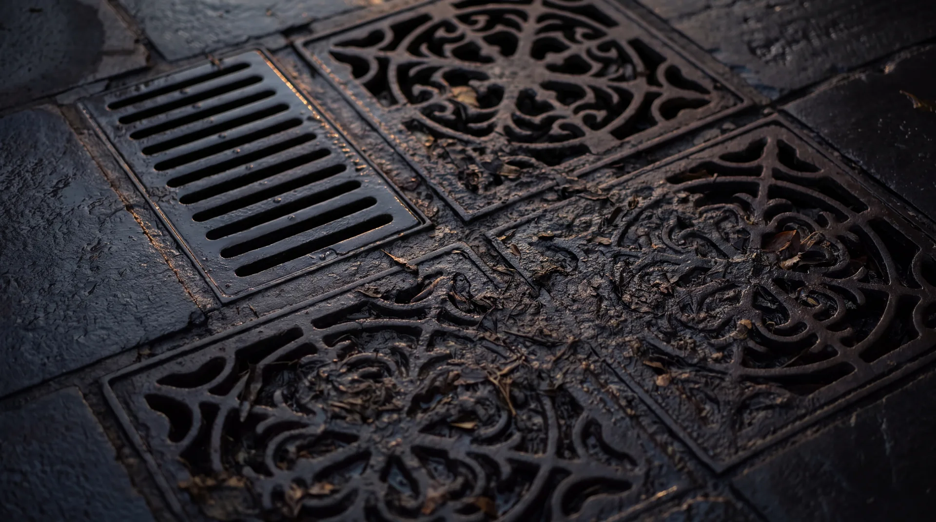 Four cast-iron drain grates of differing patterns set into wet bluestone paving, three clogged with silt.
