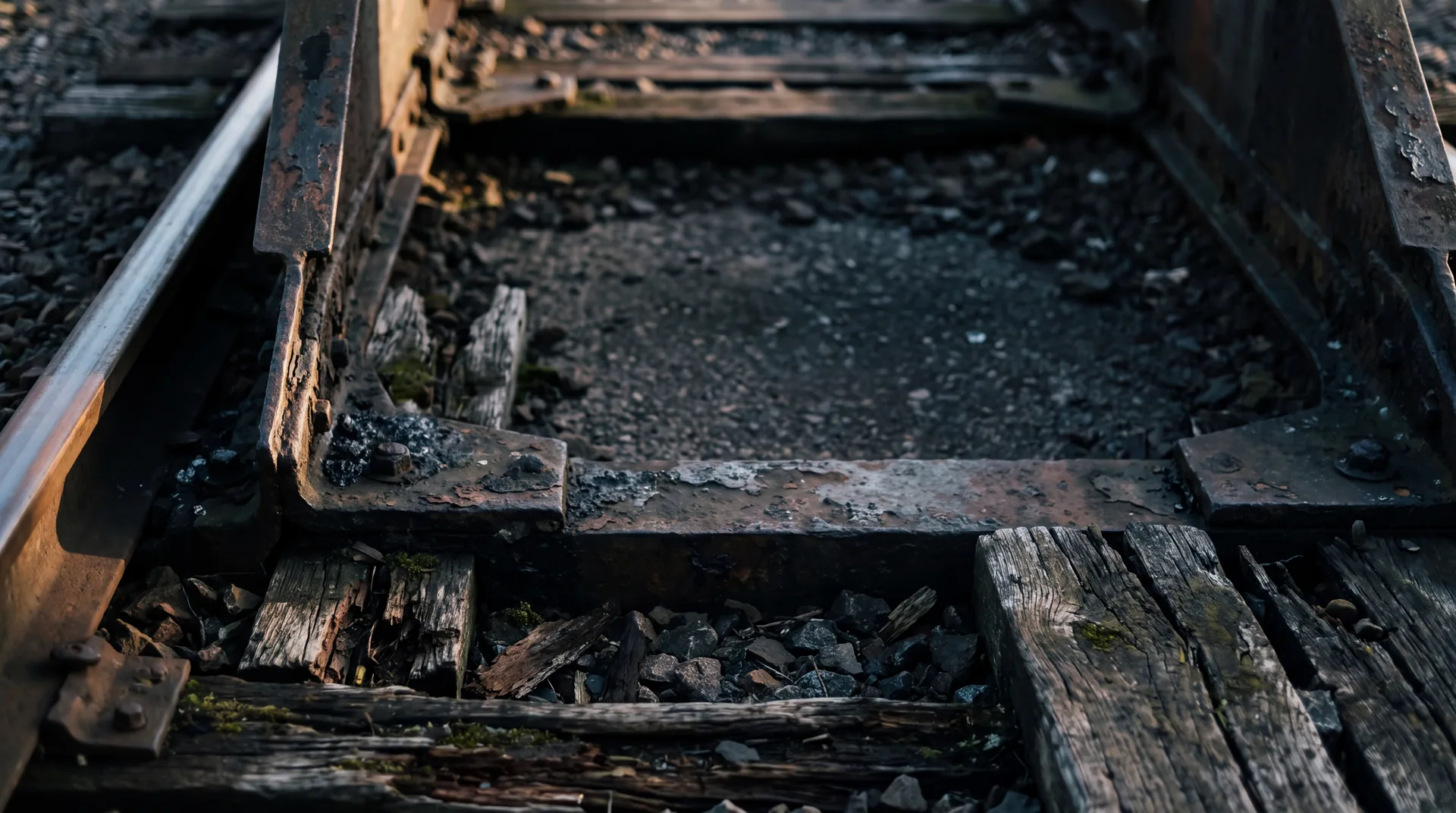 A buffer stop on a rusted dead railway siding beside a polished running rail