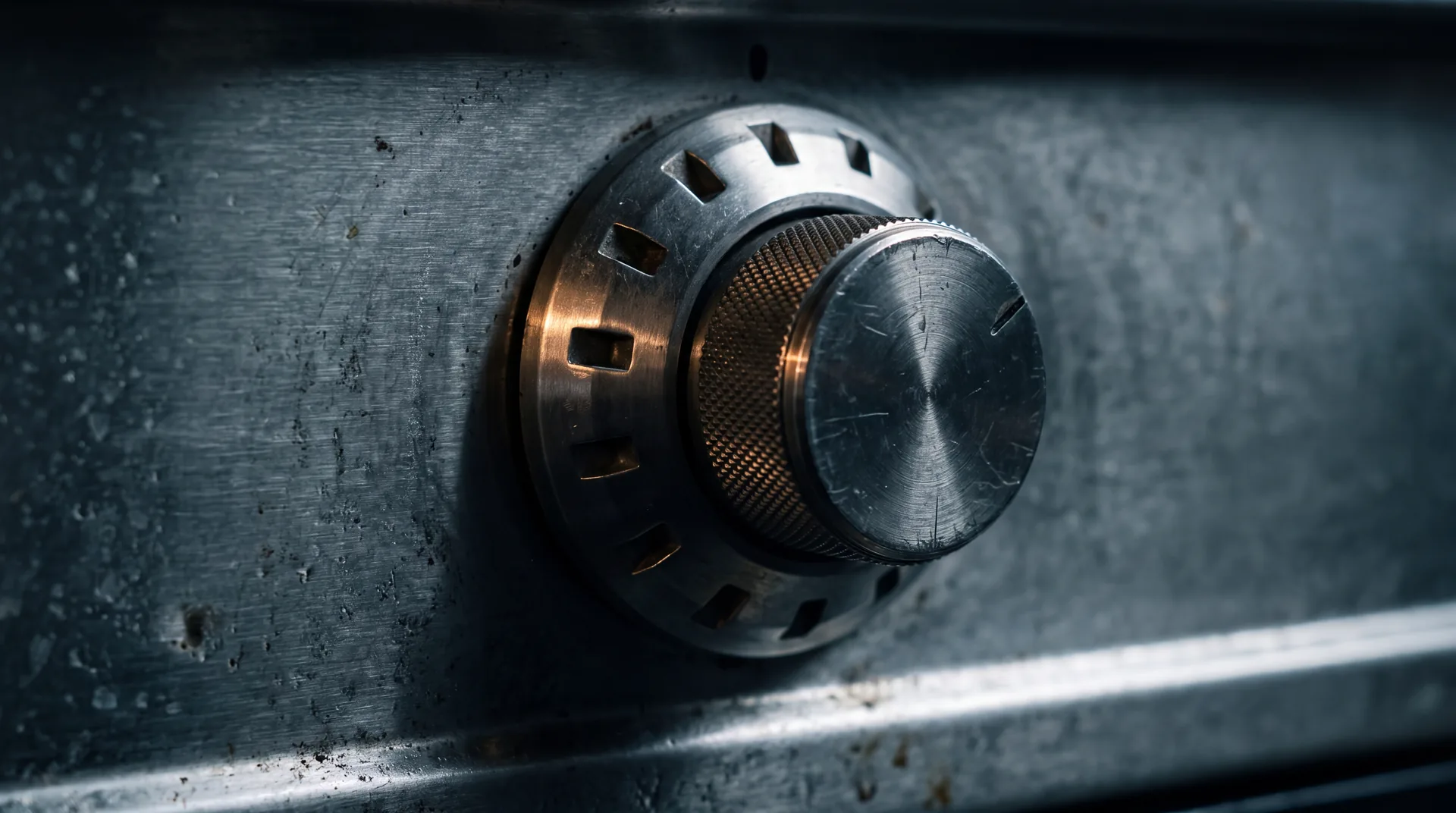 A rotary selector knob on a brushed steel faceplate with detent notches, turned fully to one position.