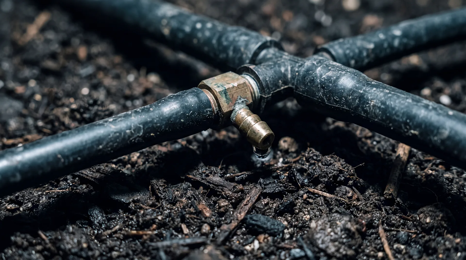 Two drip irrigation lines joined at a brass emitter with a bead of water hanging above dark wet soil