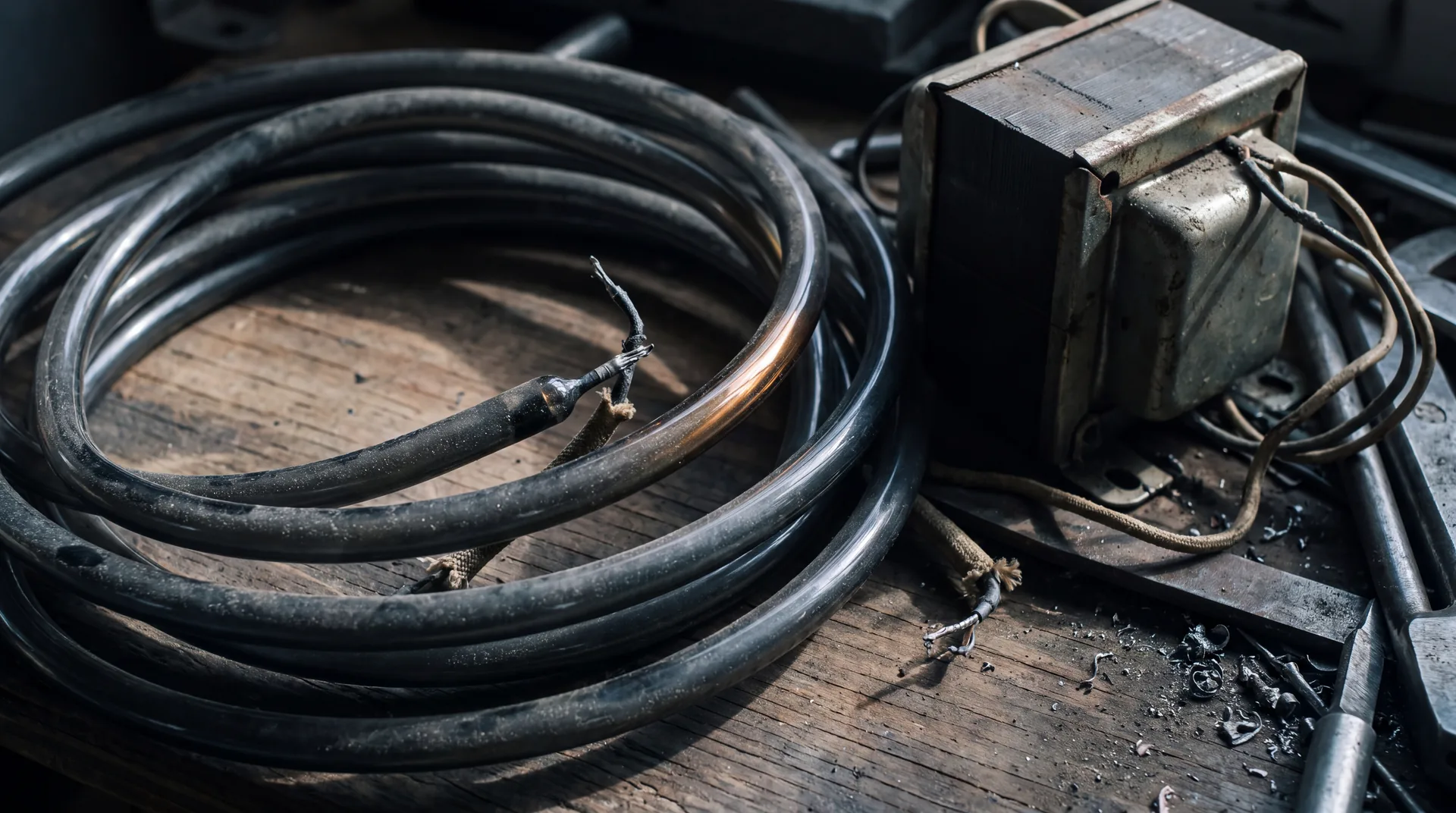 A dark neon tube coiled on a workbench with cut electrode leads and an unplugged transformer beside it.