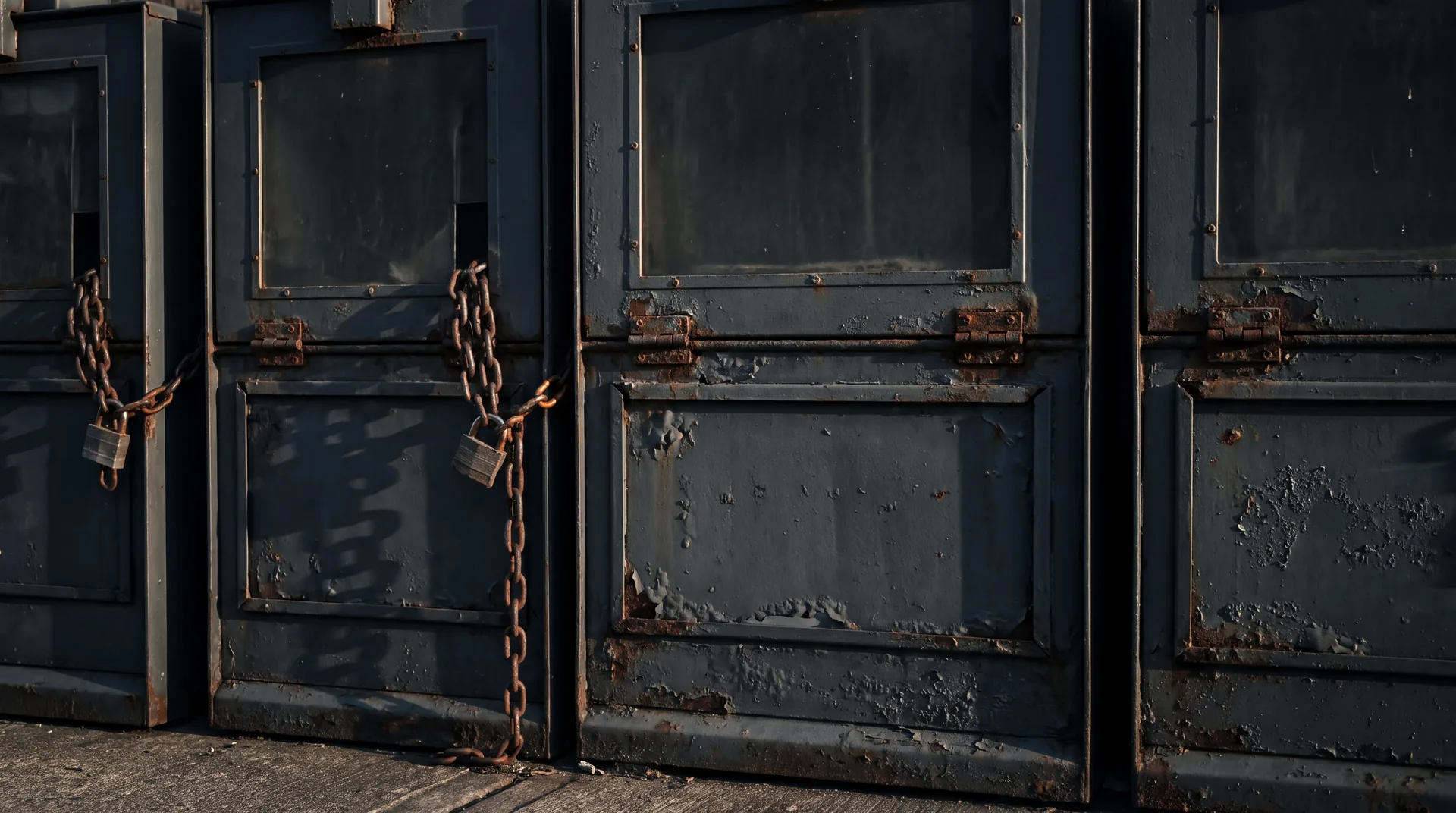A row of steel kerbside newspaper boxes with empty windows, two chained shut, paint blistered and hinges rusted.