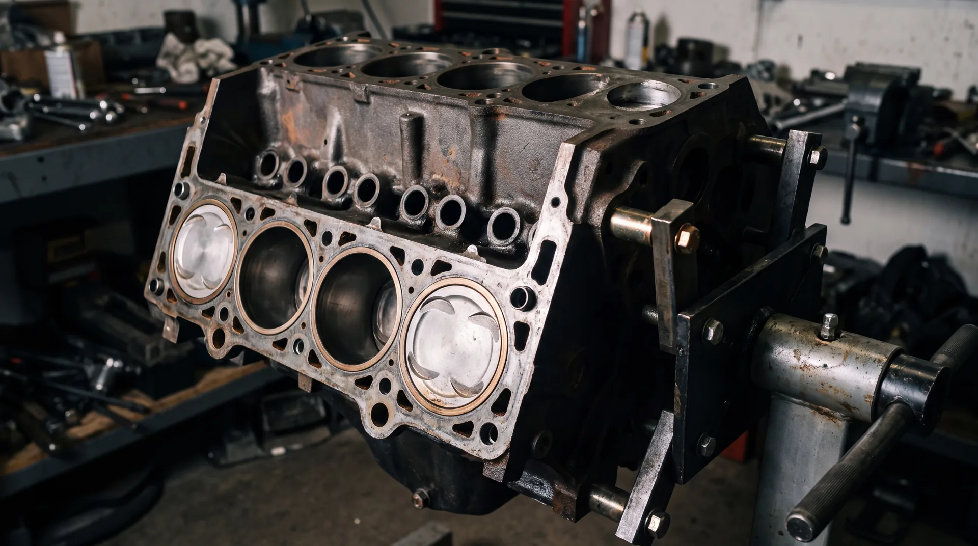 A cast-iron engine block on a stand, partly assembled, several cylinder bores still empty.