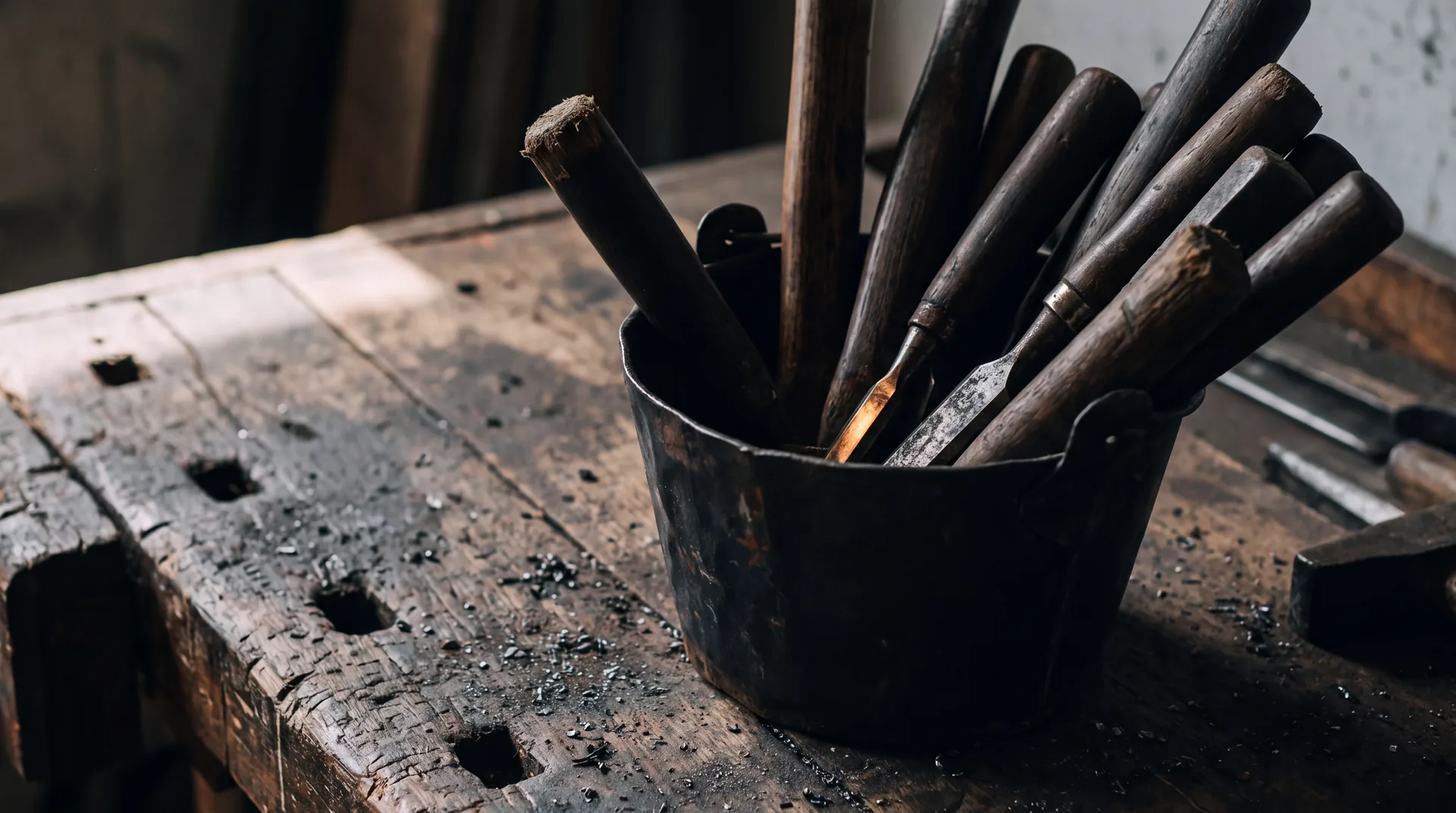 Worn wooden hammer handles and chisel shanks standing in a dark steel bucket on a workbench.