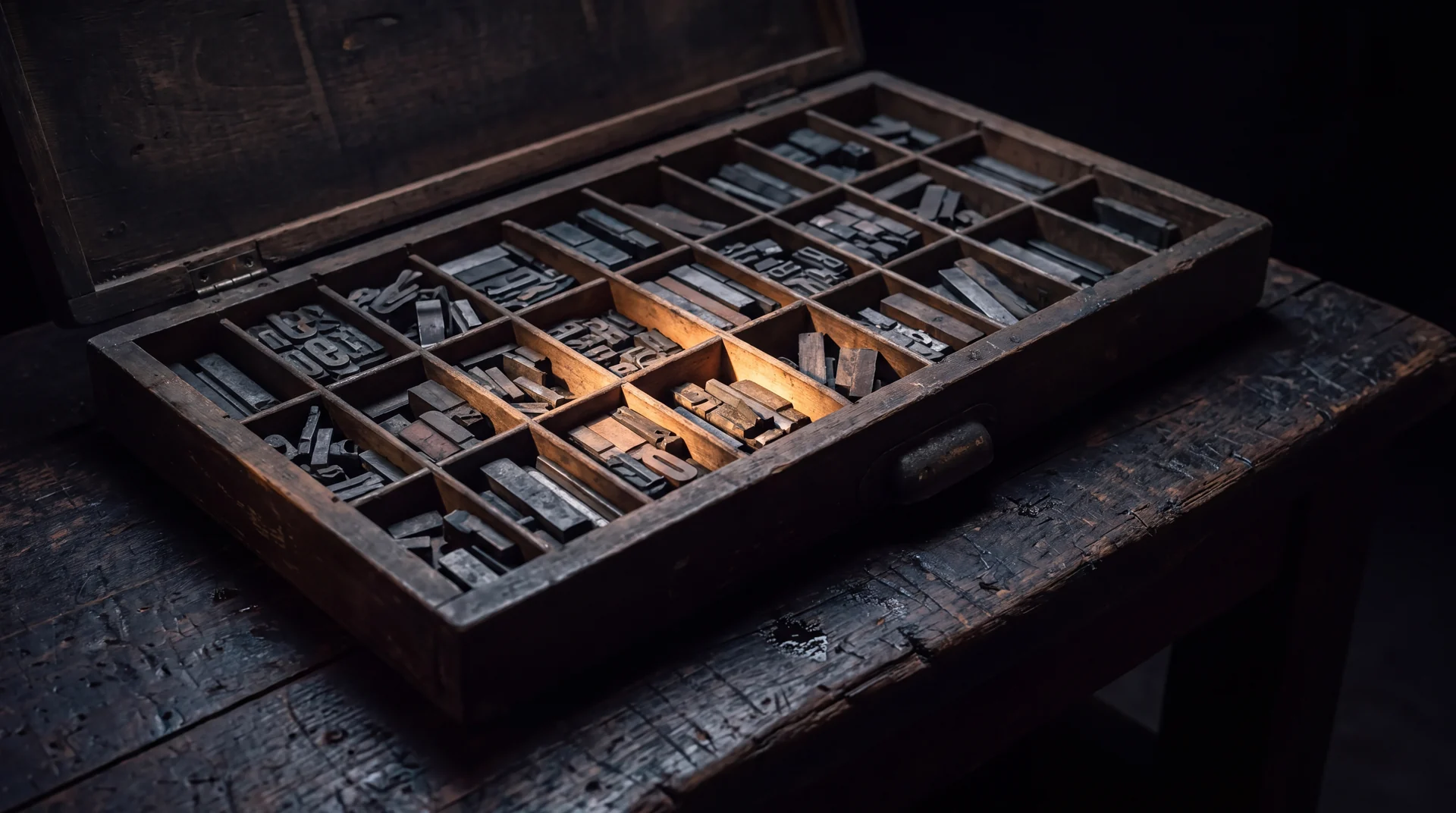 An open wooden printer's type case on a dark bench, its compartments sorted and full of lead sorts.