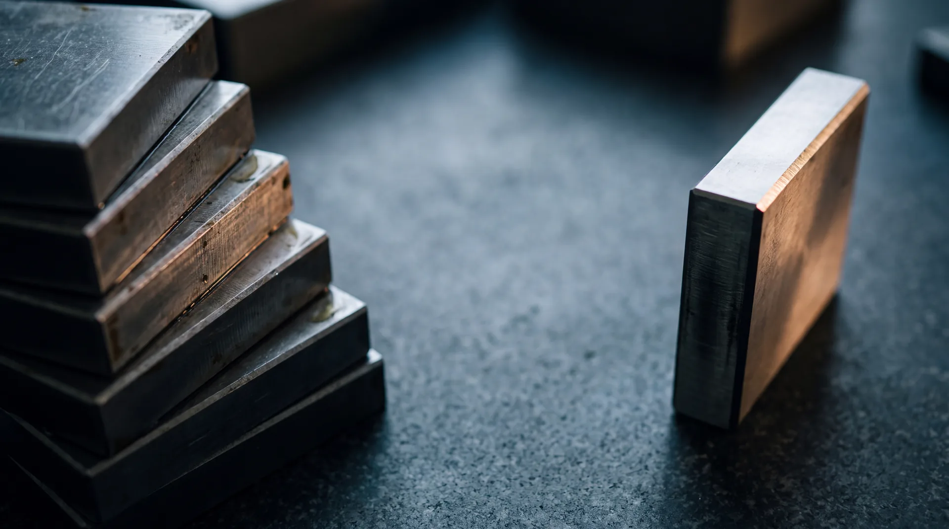 Precision steel gauge blocks wrung into a stack on a granite surface plate, one block standing separately on end