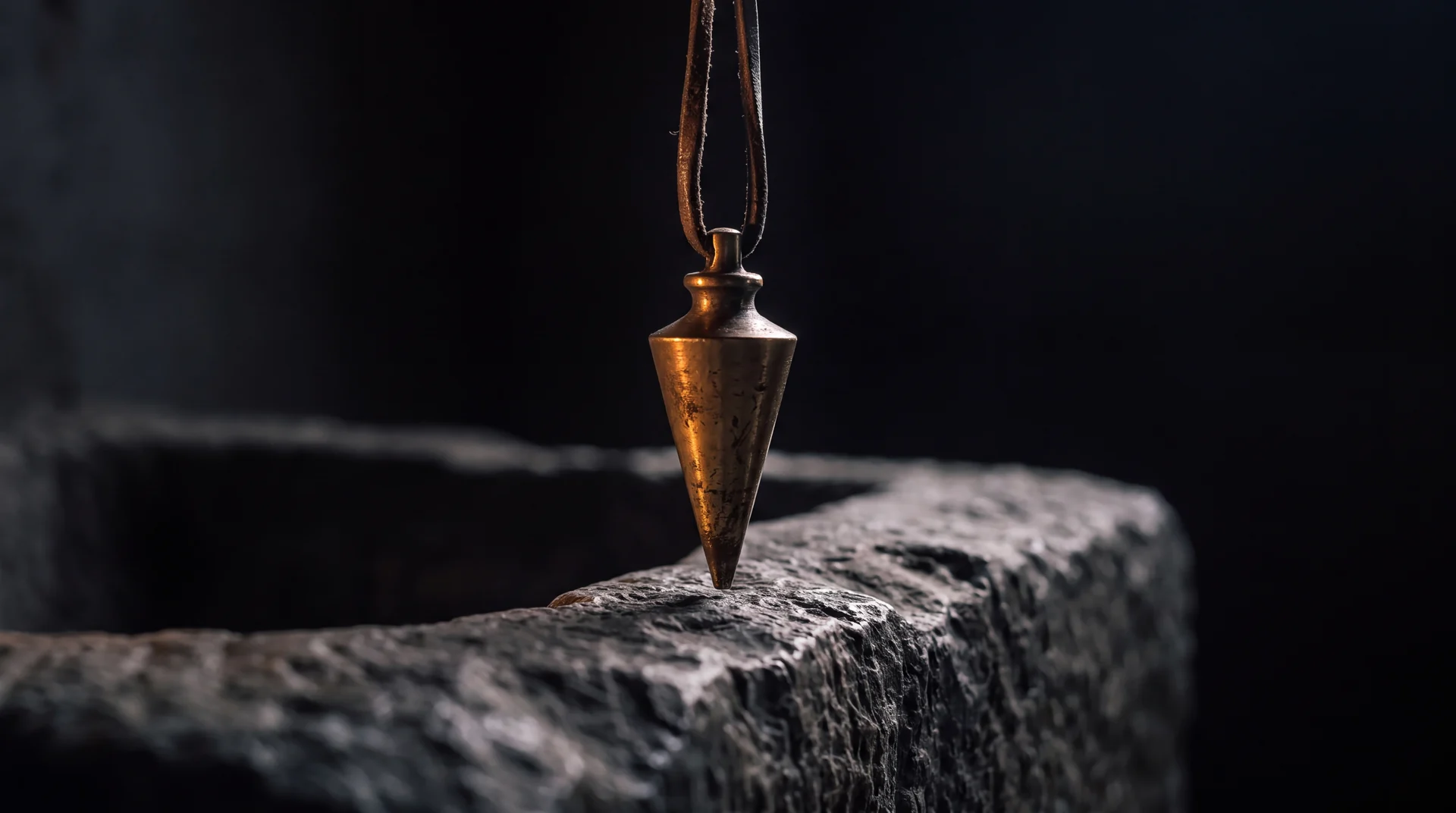 A brass plumb bob hanging dead still on its line, its point almost touching a rough cut stone block.