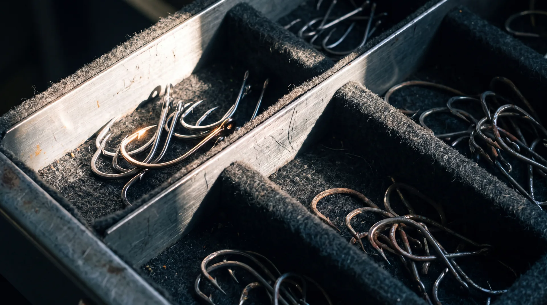 A compartmented drawer of steel fish hooks sorted by size, one row lit and the others in shadow.