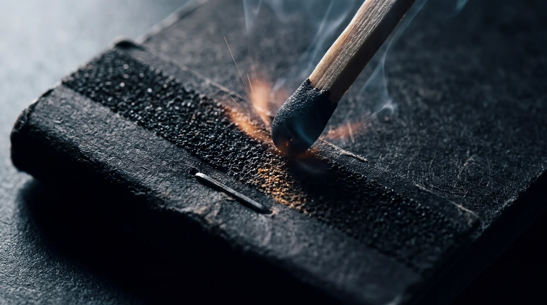 A match head flaring at the moment of strike against a dark strip of grit paper