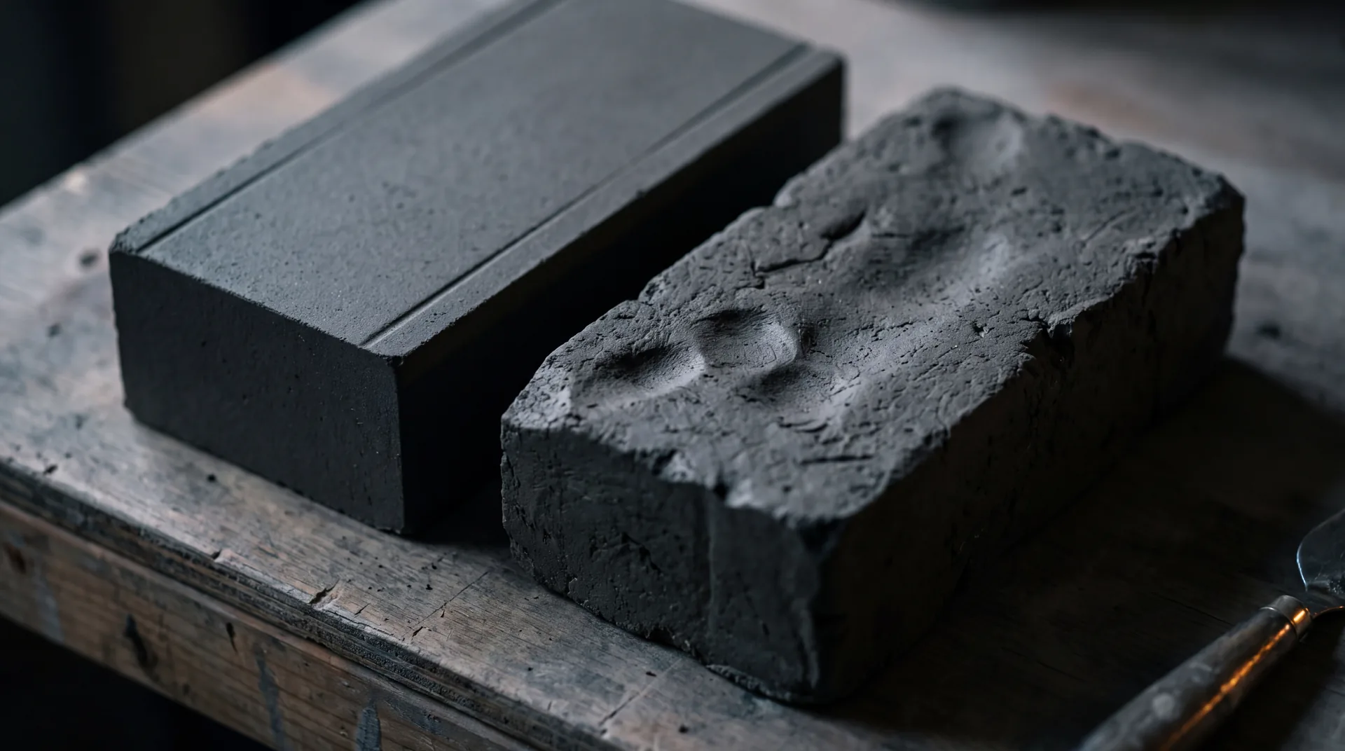 A machine-pressed brick beside a hand-thrown brick of the same size, surface tooling marks picked out by raking light.