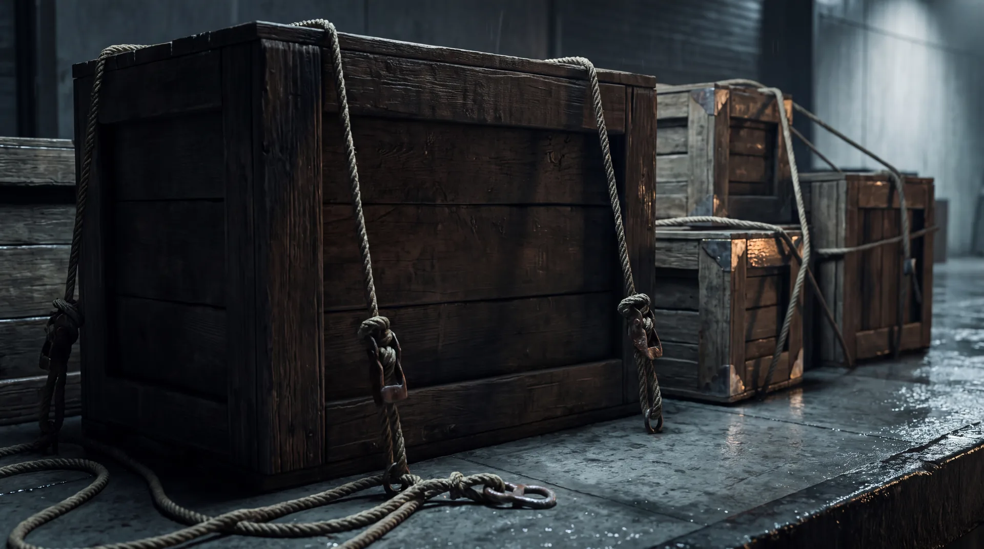 Large roped timber crate on a wet loading dock with smaller stacked crates behind it.