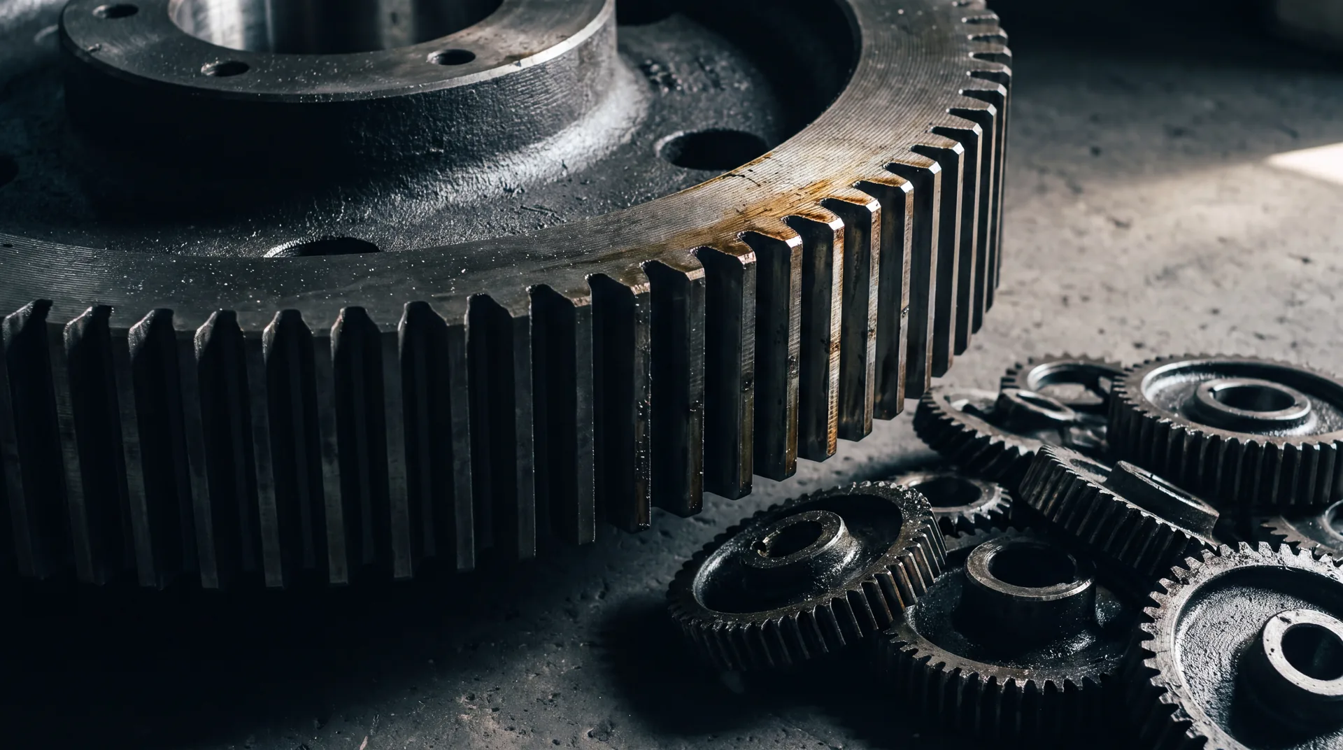 A large steel gear standing upright next to a pile of smaller gears on a dark surface.