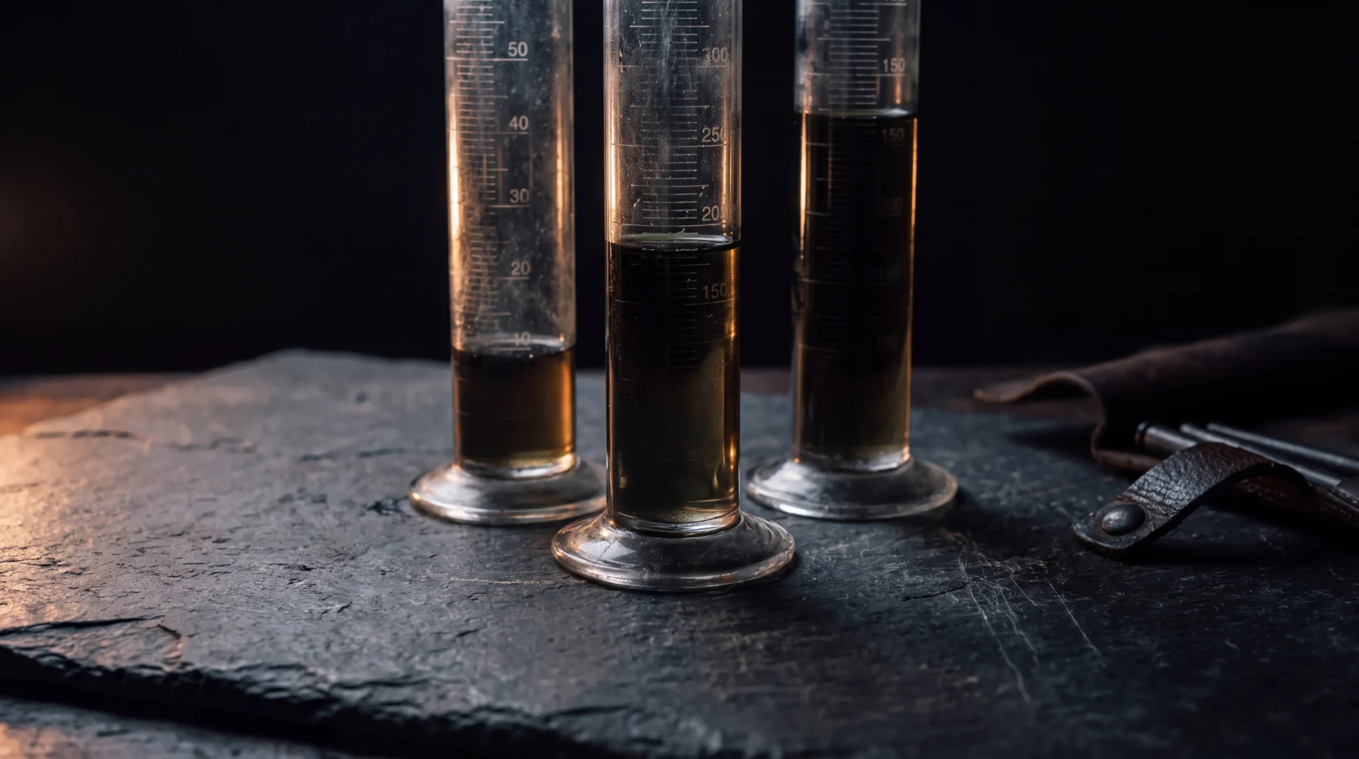 Three graduated glass cylinders on dark slate, each holding liquid at a markedly different height.