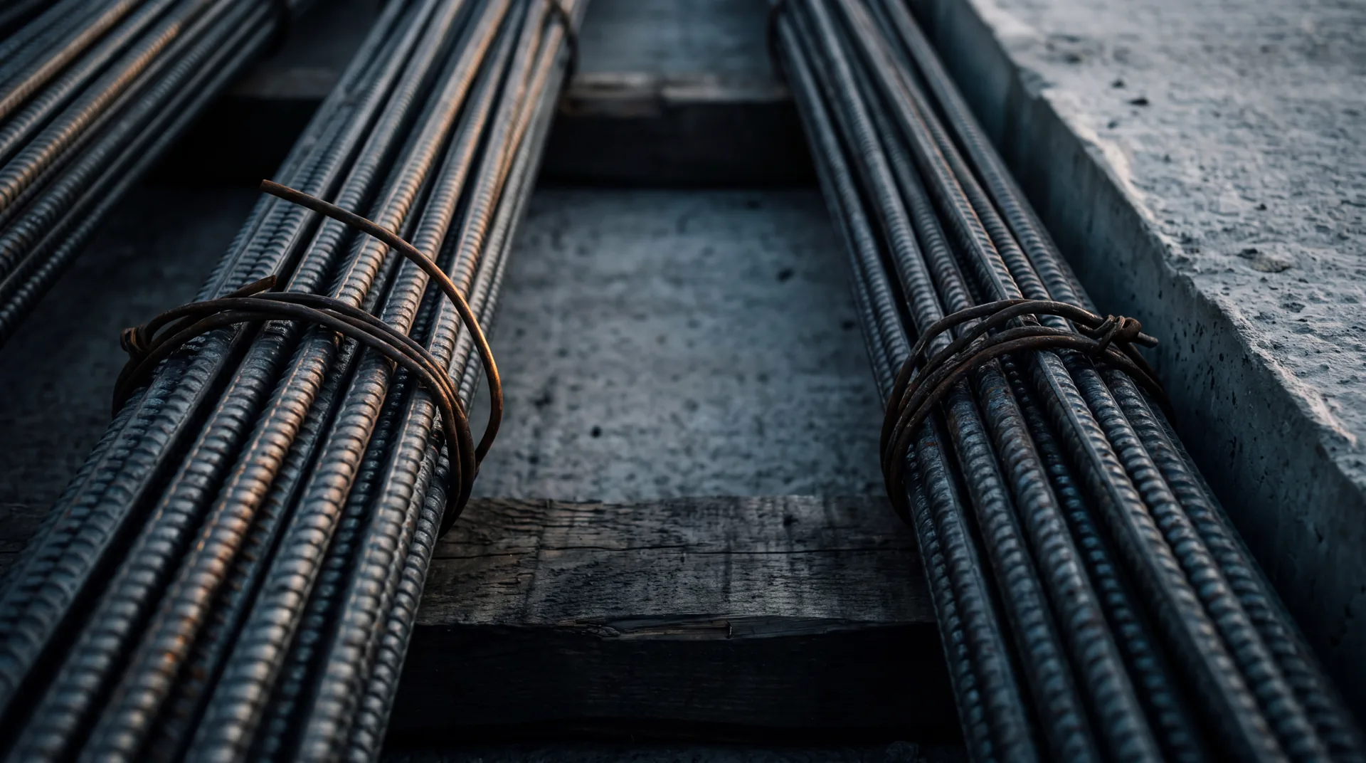 Bundles of steel reinforcing bar tied with wire, stacked on timber bearers beside a concrete slab.