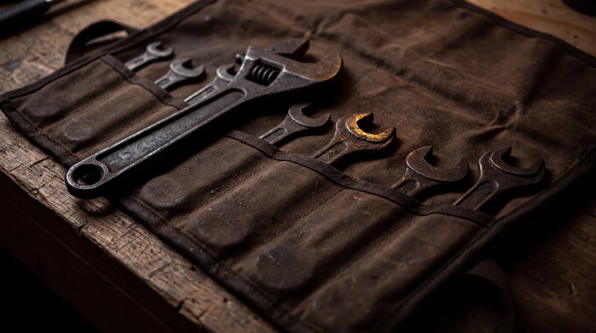 A single large adjustable spanner next to an open canvas tool roll holding a full set of spanners.