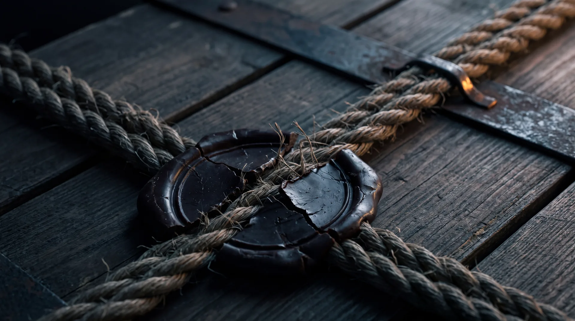 A cracked wax seal on a rope-bound crate, split through where the rope was lifted and reseated.