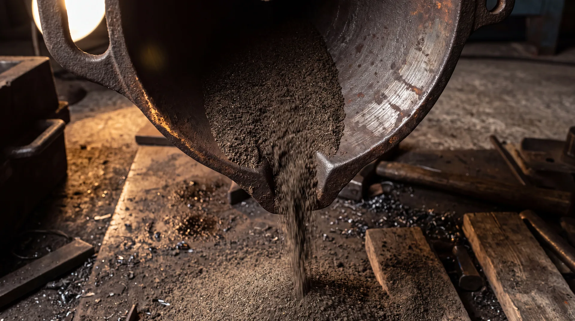 Dark sand pouring in a steady stream through the throat of a cast-iron funnel.