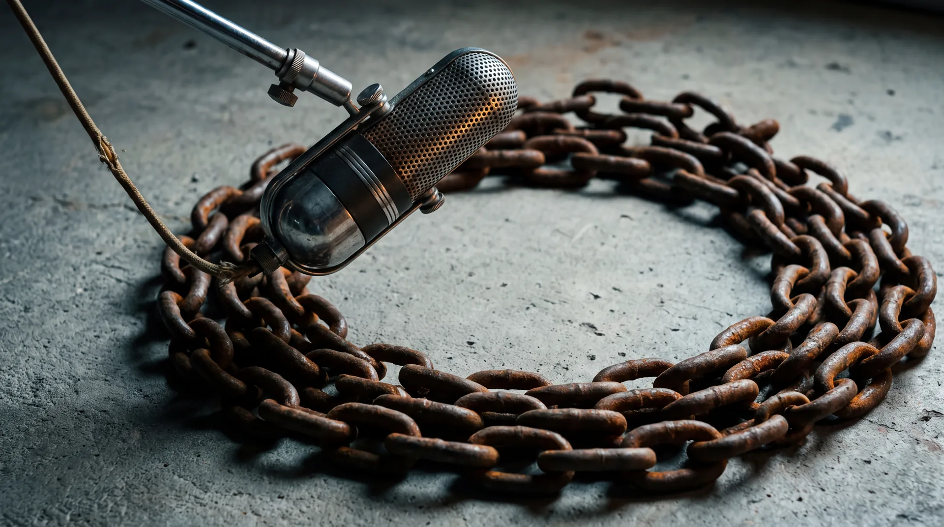 A slack coiled rusty chain on concrete with a vintage ribbon microphone leaning over it.