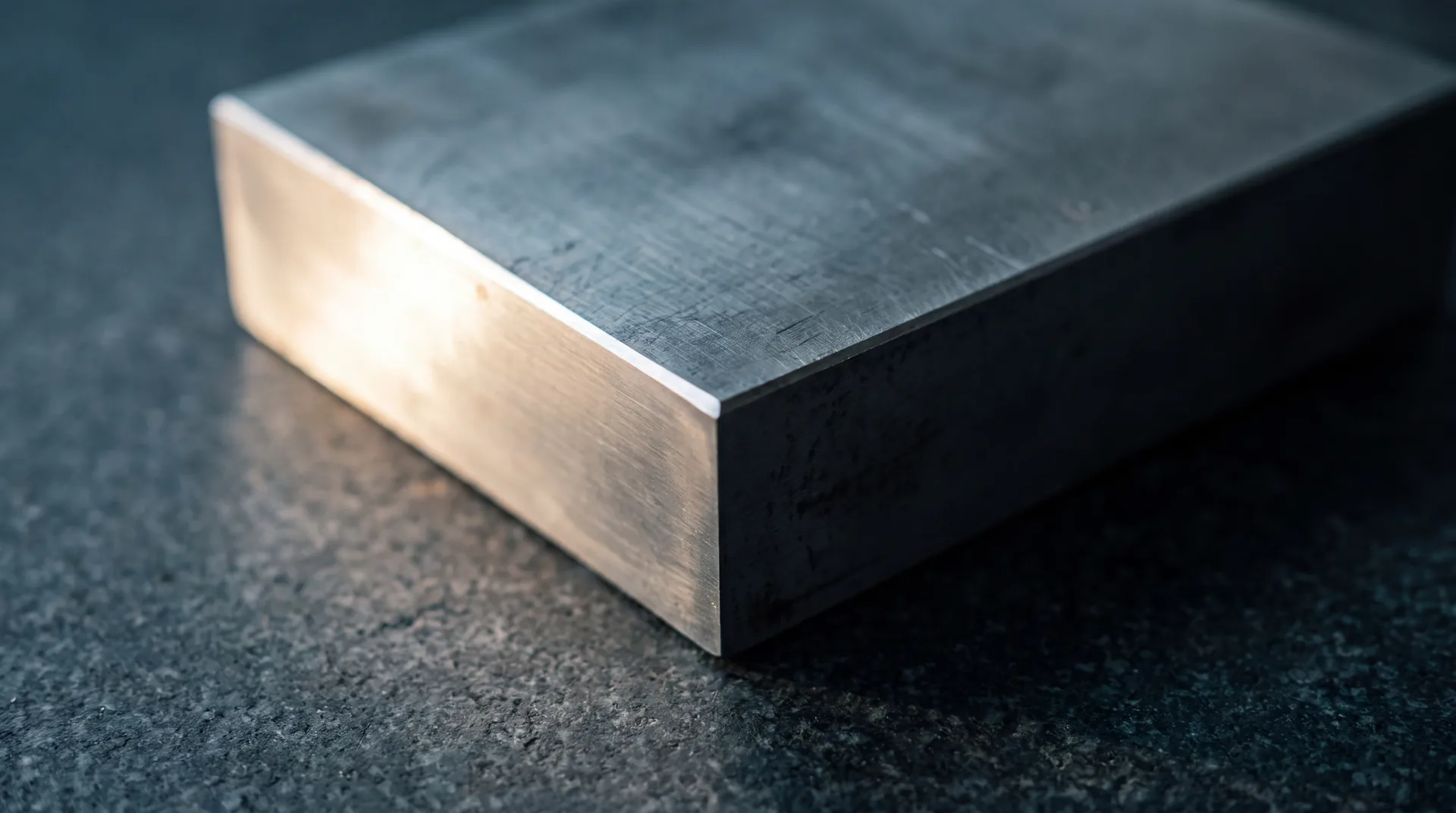 One machined steel gauge block alone on a granite surface plate, a single lapped edge catching hard light.