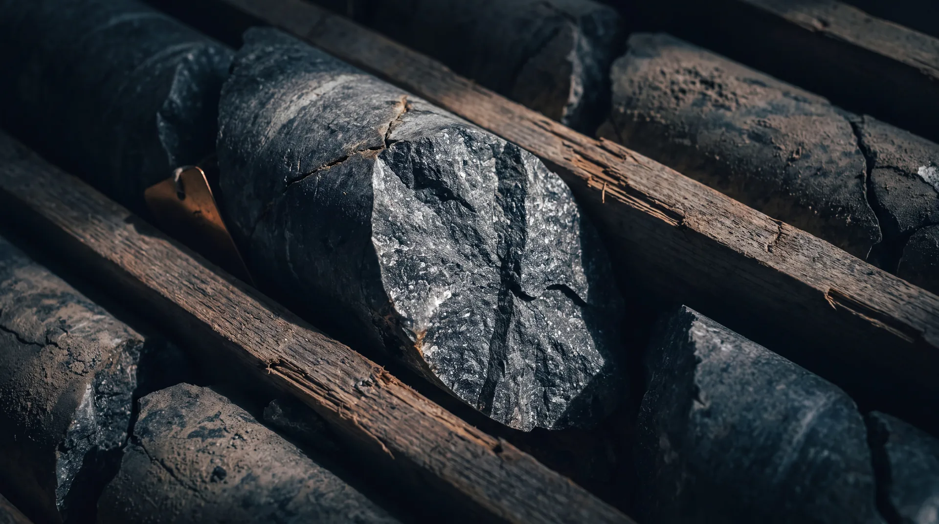 A split rock drill core lying in a timber core tray, fresh cut face lit from one side