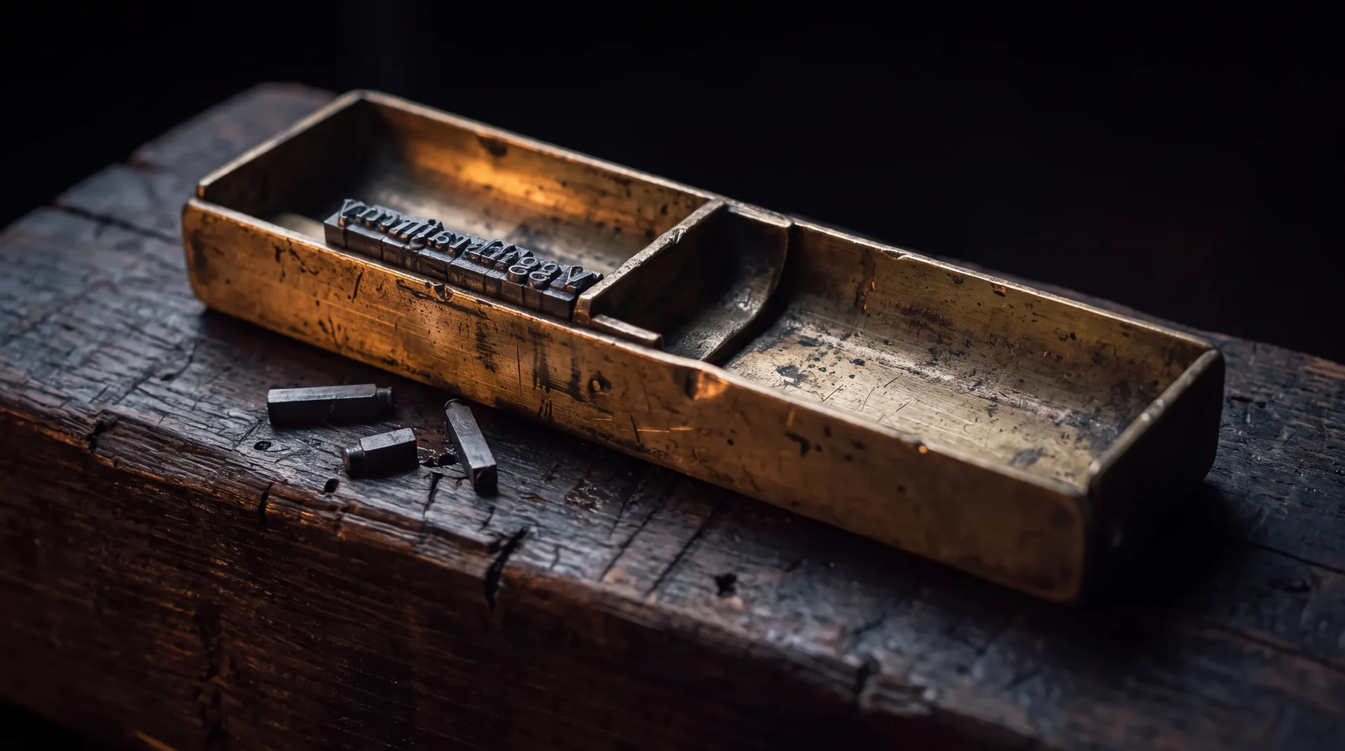 A brass letterpress composing stick holding a short line of lead type, the rest of it empty.