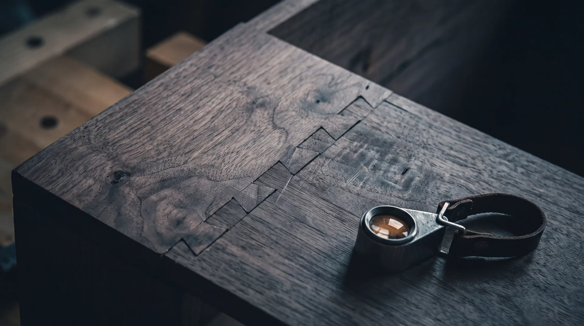 A tightly fitted hand-cut dovetail joint in dark hardwood with a jeweller's loupe resting beside it.