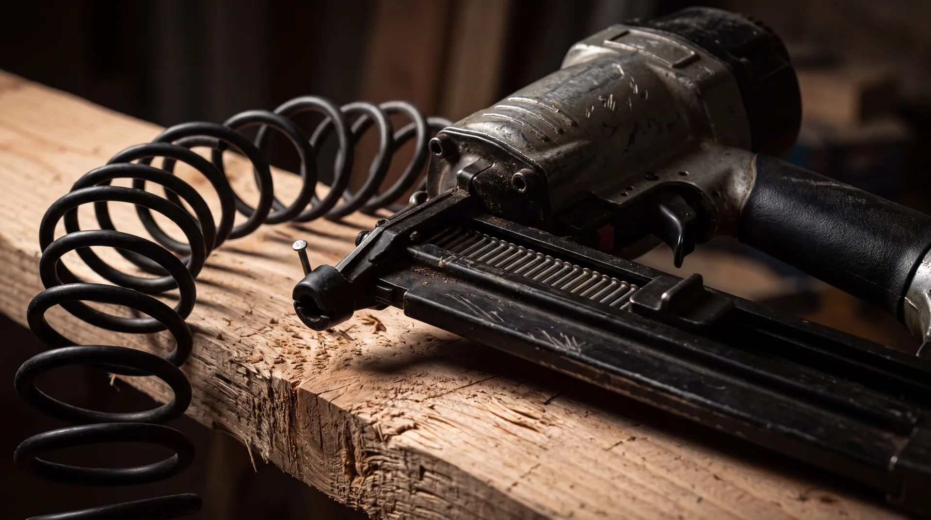 A pneumatic nail gun on raw timber, loaded and pressurised, its safety tip not depressed.