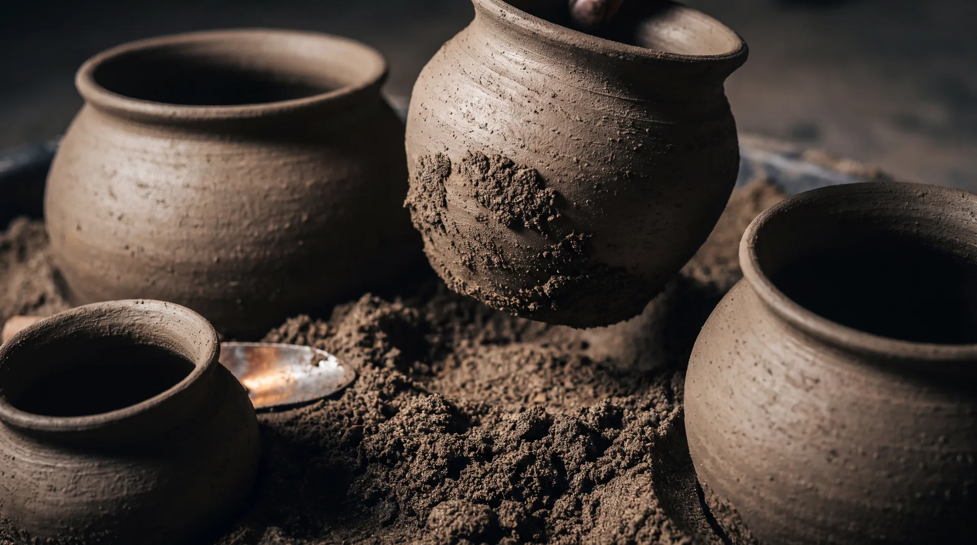 Four unfired clay pots of differing sizes set in loose soil with a small trowel beside them.