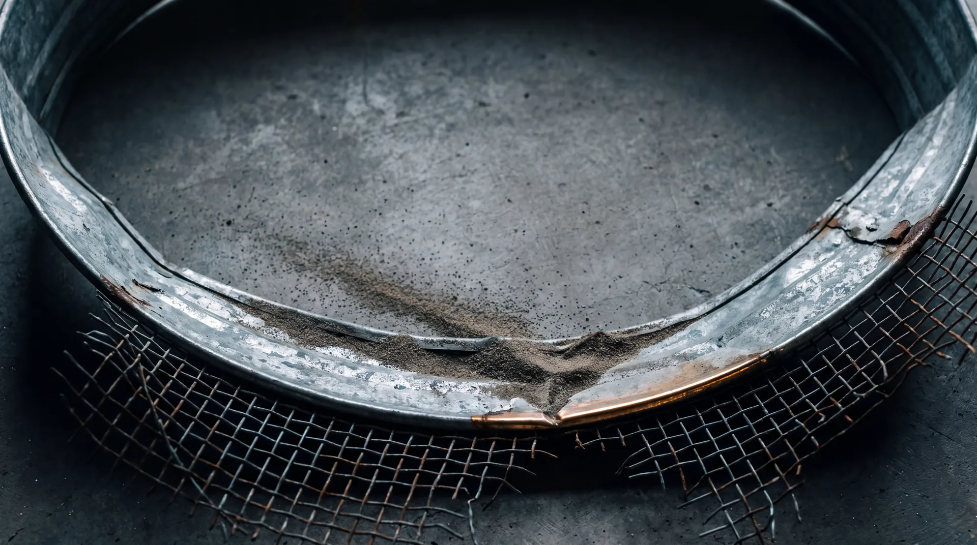 An overturned galvanised sand sieve with torn mesh on a swept concrete floor
