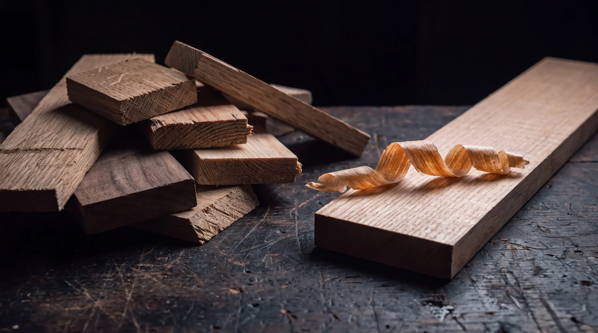 A heap of rough sawn offcuts beside one freshly hand planed board with a shaving still curled on it.