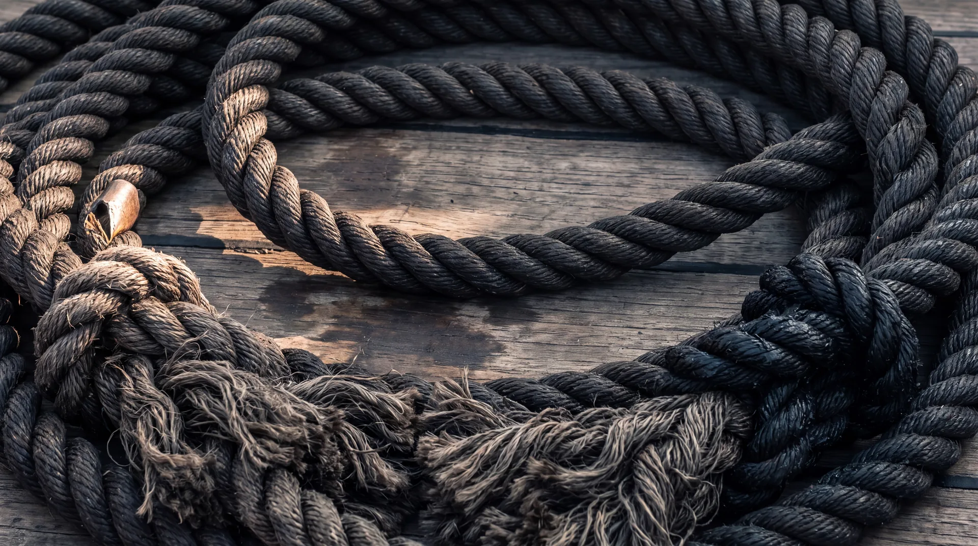 A knotted tarred hemp rope coiled on dark oiled deck boards, the inner knots worn and frayed, the outer knots tight.