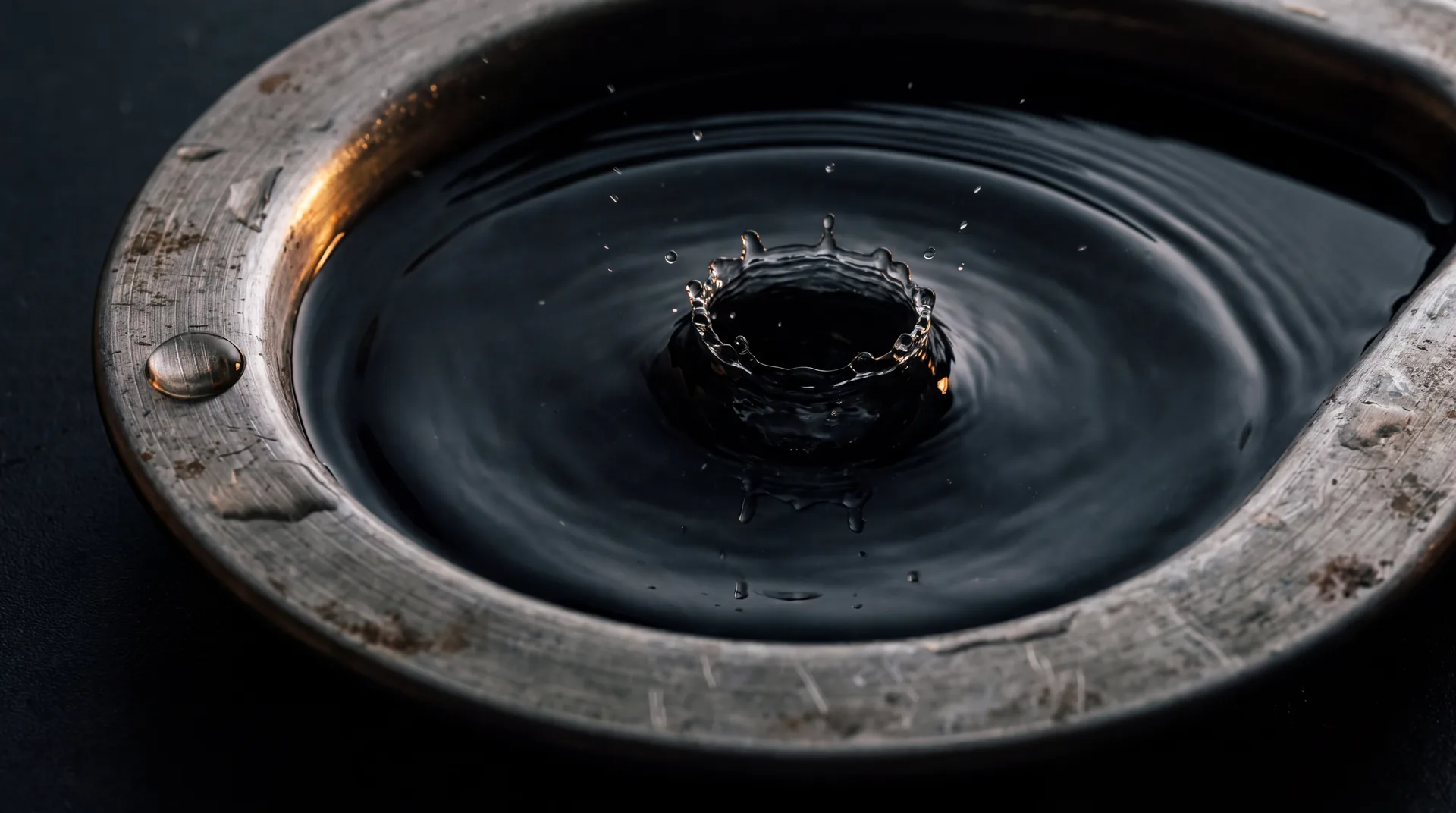 A droplet hitting still water in a steel tray, its outer ripple reaching the rim as the splash crown collapses.
