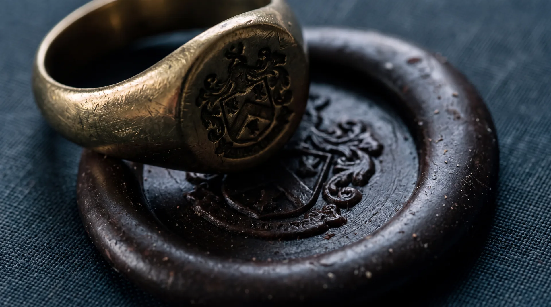 A brass signet ring beside its crest impression pressed into a disc of dark sealing wax.