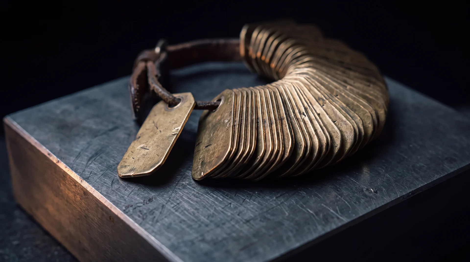 A thick ring of stamped brass inspection tags fanned across dark steel, edges nicked and faces dulled.