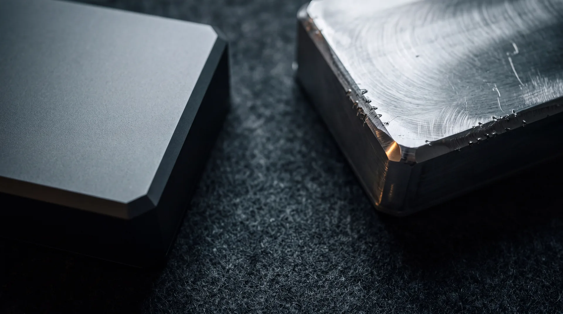 Two identical aluminium enclosures side by side, one finely anodised with crisp edges, the other raw with tooling burrs