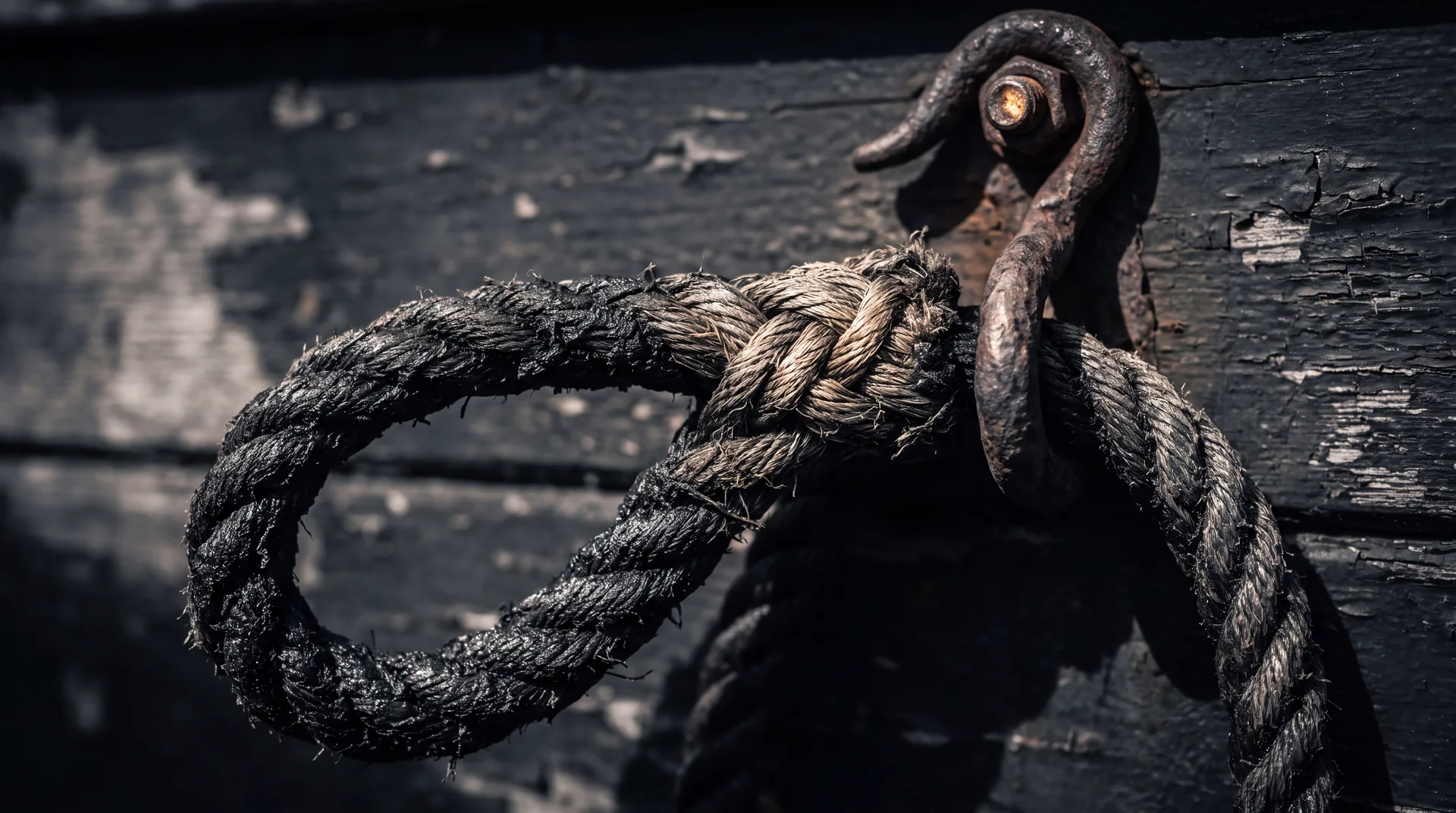A tarred rope spliced into a continuous closed loop, hanging from a rusted hook in front of dark timber boards.