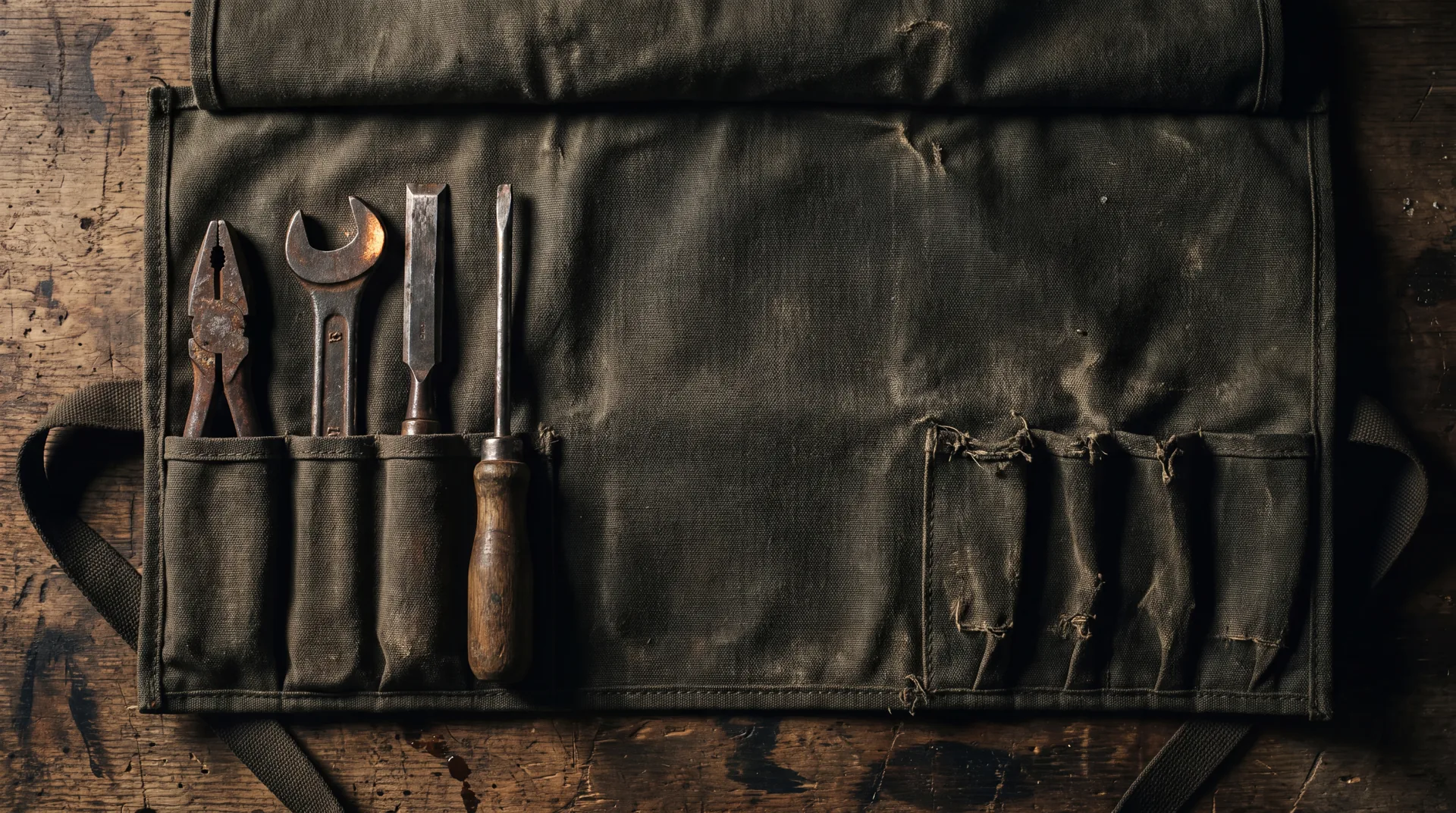 An unrolled canvas tool roll with four worn steel tools in loops and four loops empty.